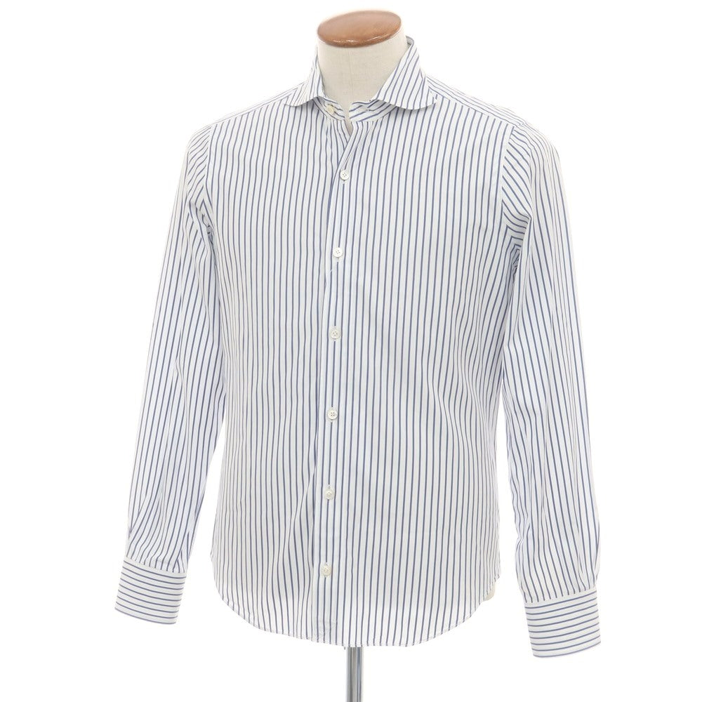【中古】フィナモレ Finamore コットン ストライプ ホリゾンタルカラー ドレスシャツ ホワイトxネイビー【 39 】【 状態ランクC 】【 メンズ 】