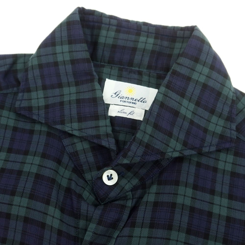 【中古】ジャンネット giannetto コットン チェック ホリゾンタルカラー カジュアルシャツ ネイビーxグリーン【 38 】【 状態ランクB 】【 メンズ 】