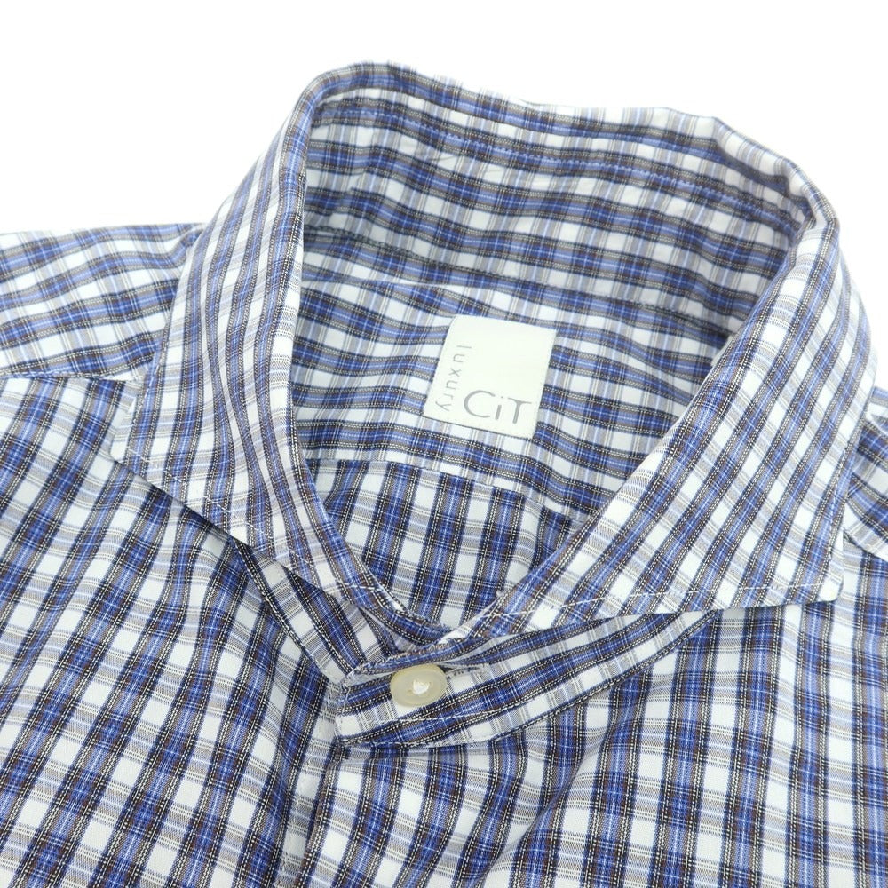 【中古】チット CIT LUXURY コットン チェック カッタウェイ カジュアルシャツ ブルーxホワイト×ブラウン【 サイズ39 】【 状態ランクC 】【 メンズ 】[PO20]