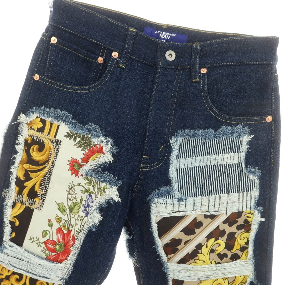 【中古】ジュンヤワタナベ マン JUNYA WATANABE MAN 2025年春夏 シルクスカーフ パッチワーク デニムパンツ ジーンズ ネイビー【サイズXS】【 状態ランクA 】【 メンズ 】 [CPD]