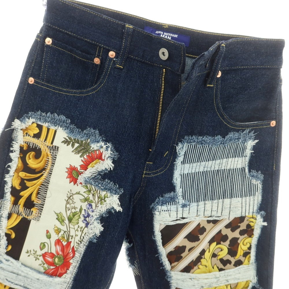 【中古】ジュンヤワタナベ マン JUNYA WATANABE MAN 2025年春夏 シルクスカーフ パッチワーク デニムパンツ ジーンズ ネイビー【サイズXS】【 状態ランクA 】【 メンズ 】 [CPD]