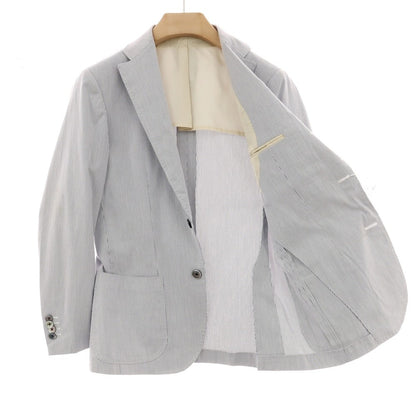 【中古】グジ guji ストレッチ コットン ストライプ 3つボタンスーツ ブルーxホワイト【サイズ44】【 状態ランクB 】【 メンズ 】