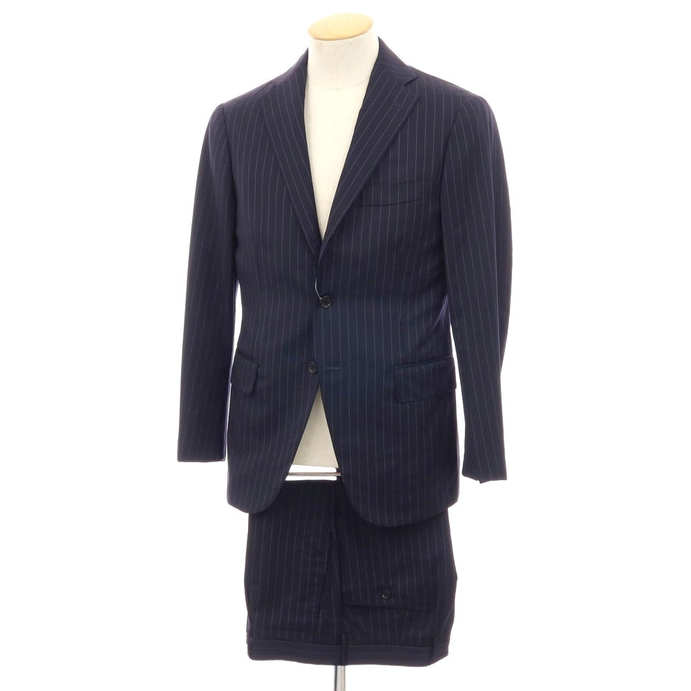 【中古】グジ guji ウール ピンストライプ 3つボタンスーツ ネイビーxホワイト【サイズ表記なし（S位）】【 状態ランクC 】【 メンズ 】