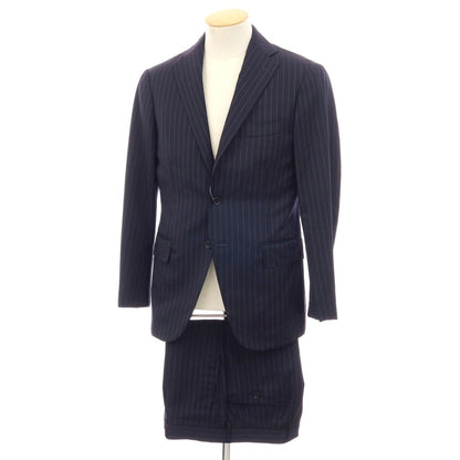 【中古】グジ guji ウール ピンストライプ 3つボタンスーツ ネイビーxホワイト【サイズ表記なし（S位）】【 状態ランクC 】【 メンズ 】