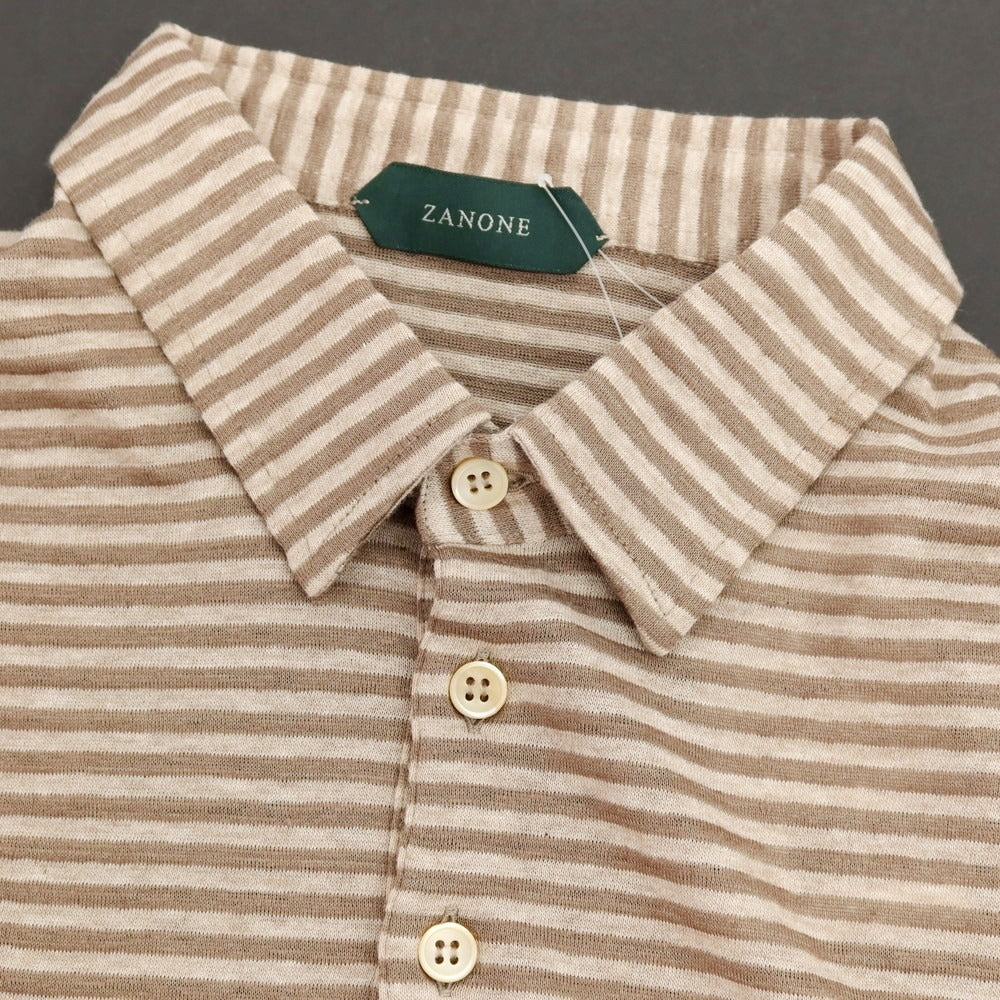 【新品】ザノーネ ZANONE リネンコットン ボーダー 半袖ポロシャツ アッシュブラウン系【サイズ50】【 状態ランクN 】【 メンズ 】[CPD]