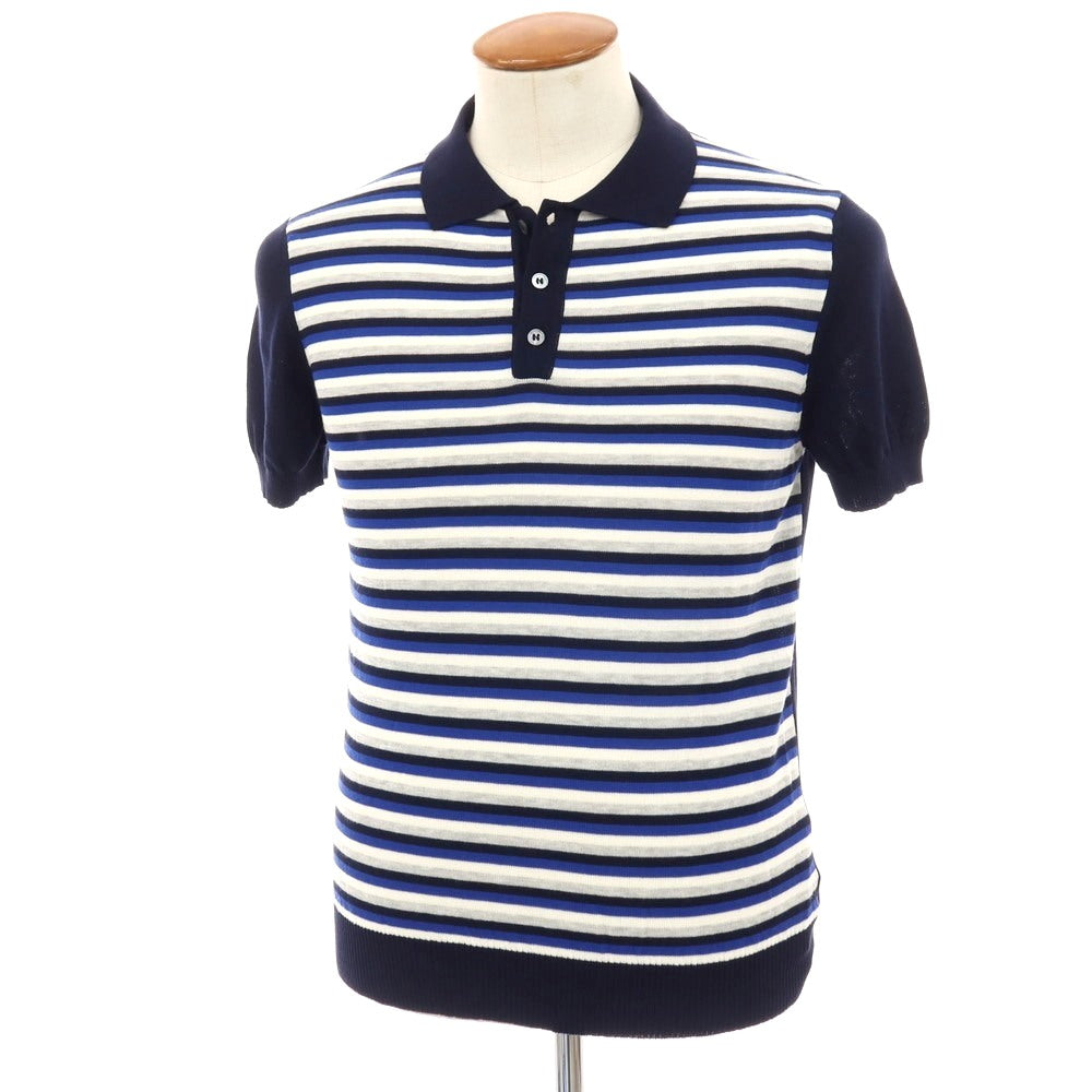 【新品】ザノーネ ZANONE ハイゲージ コットン ボーダー切り替え 半袖 ポロニット ネイビーxブルー【サイズ46】【 状態ランクN 】【 メンズ 】