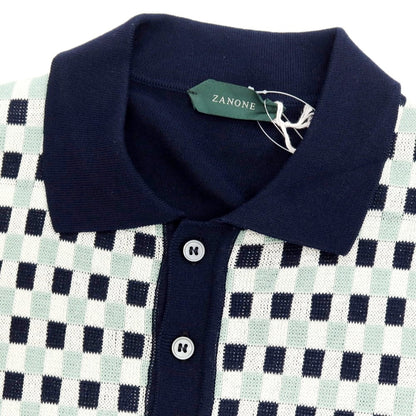 【新品】ザノーネ ZANONE ハイゲージ コットン 半袖 ポロニット ネイビーxミントグリーン【サイズ46】【 状態ランクN 】【 メンズ 】