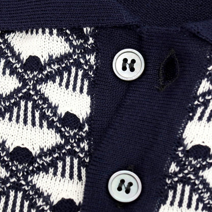 【新品】ザノーネ ZANONE ハイゲージ コットン ジャカード 半袖 ポロニット ネイビーxホワイト【サイズ48】【 状態ランクN 】【 メンズ 】