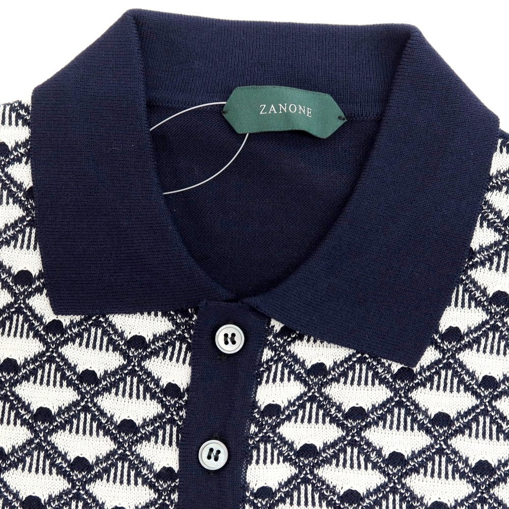 【新品】ザノーネ ZANONE ハイゲージ コットン ジャカード 半袖 ポロニット ネイビーxホワイト【サイズ52】【 状態ランクN 】【 メンズ 】