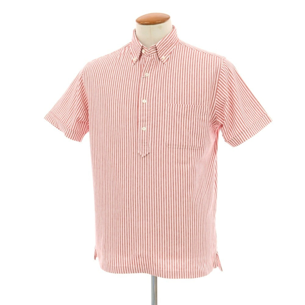 【中古】【未使用】ビームスプラス BEAMS PLUS コットンポリエステル ストライプ ボタンダウン 半袖ポロシャツ レッドxホワイト【サイズＭ】【 状態ランクS 】【 メンズ 】