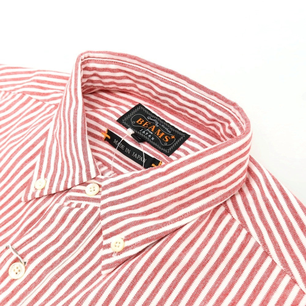 【中古】【未使用】ビームスプラス BEAMS PLUS コットンポリエステル ストライプ ボタンダウン 半袖ポロシャツ レッドxホワイト【 Ｍ 】【 状態ランクS 】【 メンズ 】 []