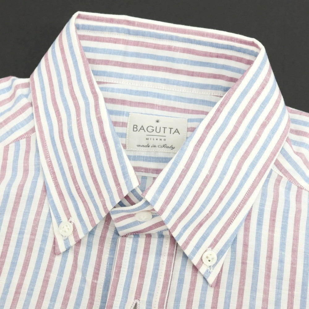 【中古】バグッタ Bagutta コットンリネン ストライプ ボタンダウン カジュアルシャツ ブルーxパープル【サイズ39】【 状態ランクA 】【 メンズ 】