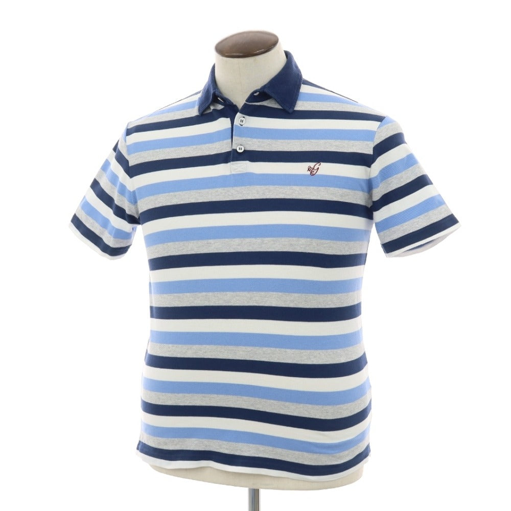 【中古】マック ジョージ Mc George 鹿の子 コットン ボーダー 半袖ポロシャツ ネイビーxブルー【サイズ50】【 状態ランクC 】【 メンズ 】