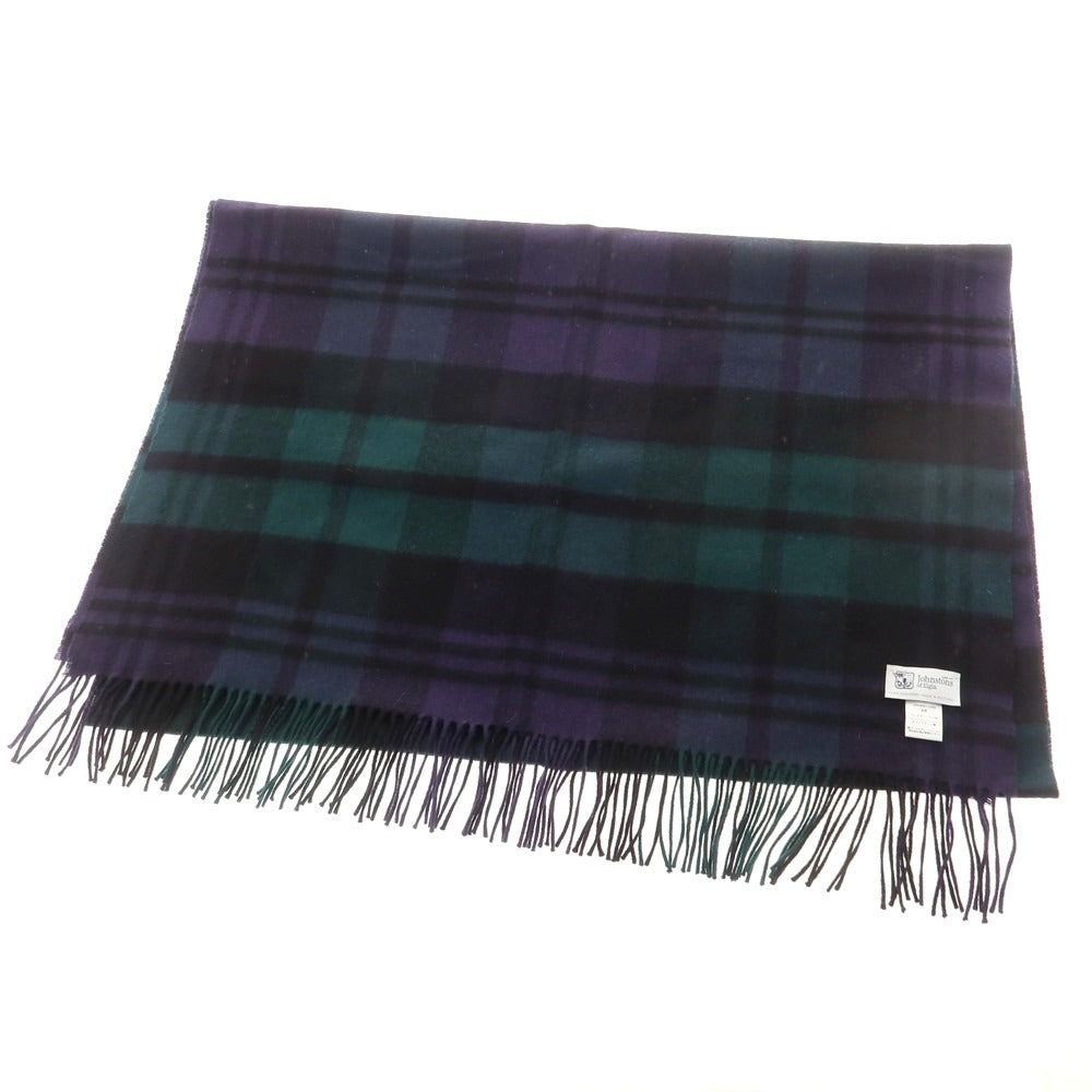 【中古】ジョンストンズ JOHNSTONS カシミヤ チェック マフラー グリーンxパープル系【 状態ランクA 】【 メンズ 】