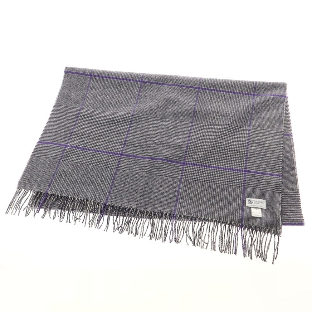 【中古】ジョンストンズ JOHNSTONS カシミヤ チェック マフラー ブラックxホワイト×パープル【 状態ランクA 】【 メンズ 】