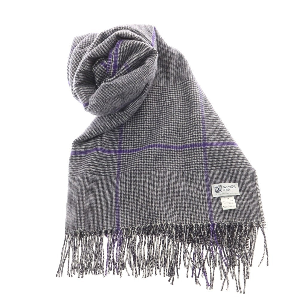【中古】ジョンストンズ JOHNSTONS カシミヤ チェック マフラー ブラックxホワイト×パープル【 状態ランクA 】【 メンズ 】
