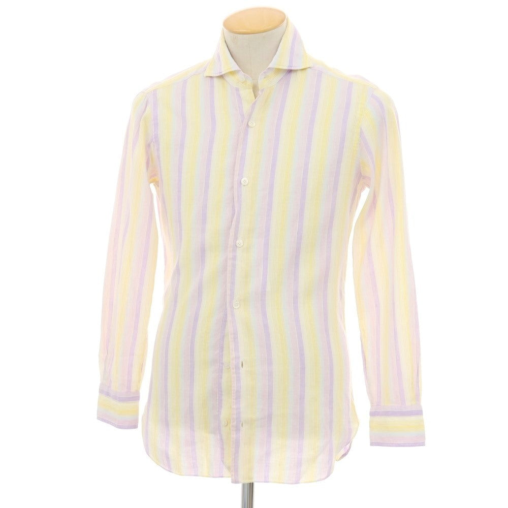 【中古】バルバ ダンディライフ BARBA DANDY LIFE リネンコットン マルチストライプ ホリゾンタルカラー カジュアルシャツ イエローxパープル【サイズ37】【 状態ランクB 】【 メンズ 】