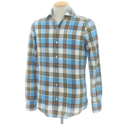 【中古】フィナモレ Finamore リネンコットン チェック ホリゾンタルカラー カジュアルシャツ ライトブルーxブラウン【 S 】【 状態ランクB 】【 メンズ 】