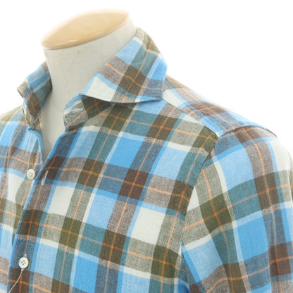 【中古】フィナモレ Finamore リネンコットン チェック ホリゾンタルカラー カジュアルシャツ ライトブルーxブラウン【 S 】【 状態ランクB 】【 メンズ 】