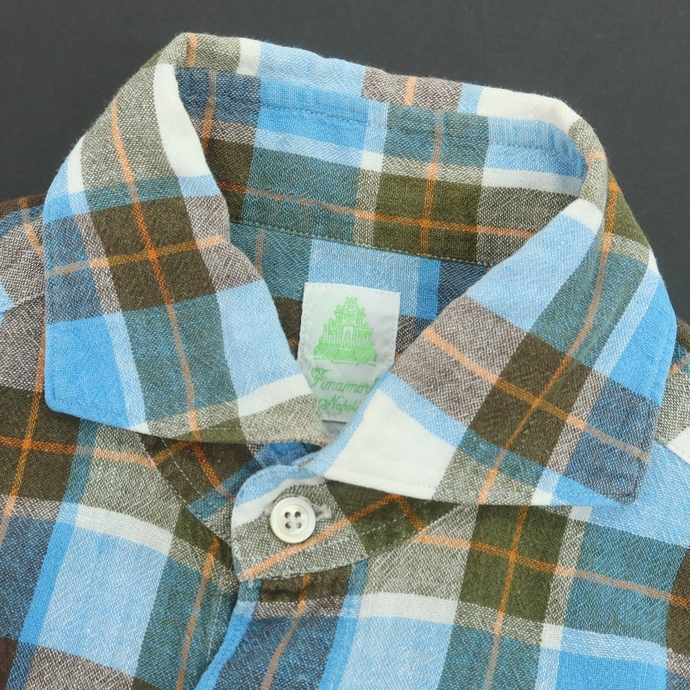 【中古】フィナモレ Finamore リネンコットン チェック ホリゾンタルカラー カジュアルシャツ ライトブルーxブラウン【 S 】【 状態ランクB 】【 メンズ 】