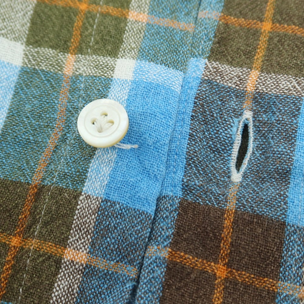 【中古】フィナモレ Finamore リネンコットン チェック ホリゾンタルカラー カジュアルシャツ ライトブルーxブラウン【 S 】【 状態ランクB 】【 メンズ 】