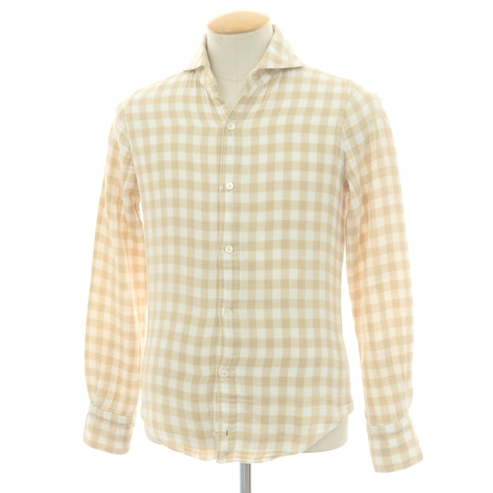 【中古】フィナモレ Finamore コットン ギンガムチェック カッタウェイ カジュアルシャツ ベージュxホワイト【 37 】【 状態ランクC 】【 メンズ 】