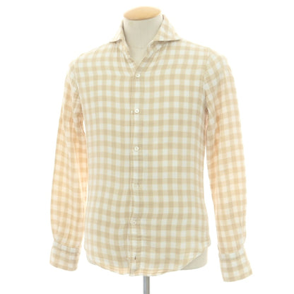 【中古】フィナモレ Finamore コットン ギンガムチェック カッタウェイ カジュアルシャツ ベージュxホワイト【 37 】【 状態ランクC 】【 メンズ 】