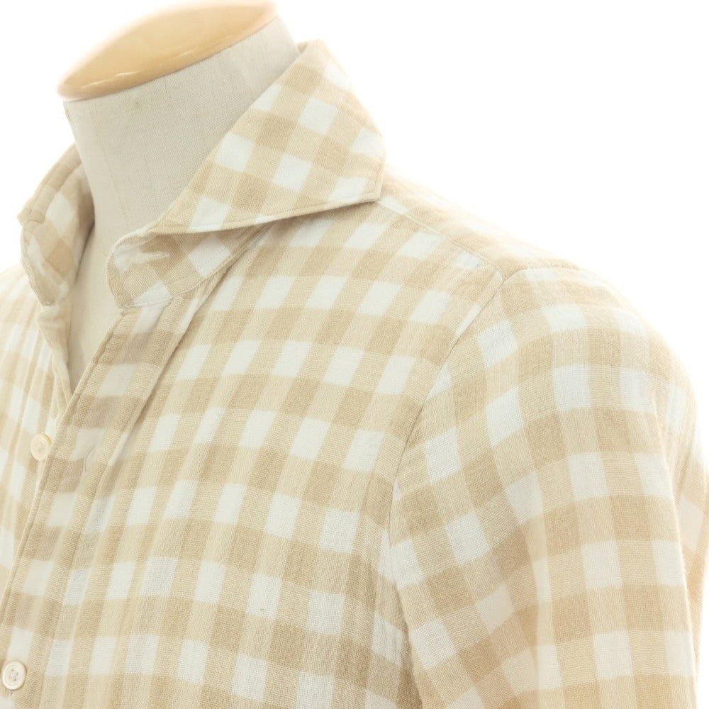 【中古】フィナモレ Finamore コットン ギンガムチェック カッタウェイ カジュアルシャツ ベージュxホワイト【 37 】【 状態ランクC 】【 メンズ 】