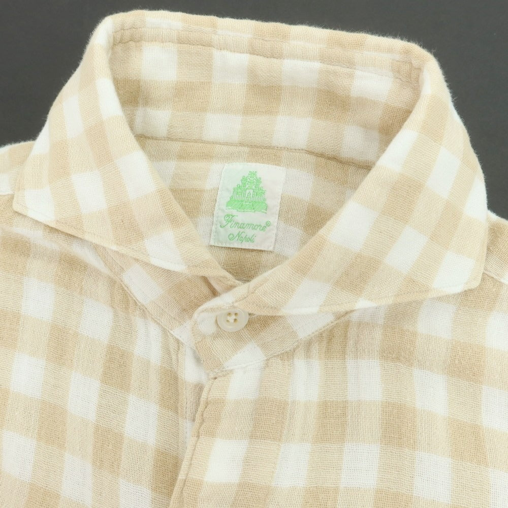 【中古】フィナモレ Finamore コットン ギンガムチェック カッタウェイ カジュアルシャツ ベージュxホワイト【 37 】【 状態ランクC 】【 メンズ 】