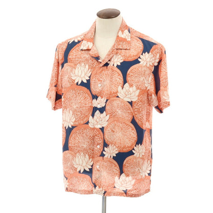 【中古】ファーアフィールド FAR AFIELD セルロース 総柄 プリント オープンカラー 半袖シャツ ライトテラコッタ系xネイビー【サイズ4】【 状態ランクB 】【 メンズ 】