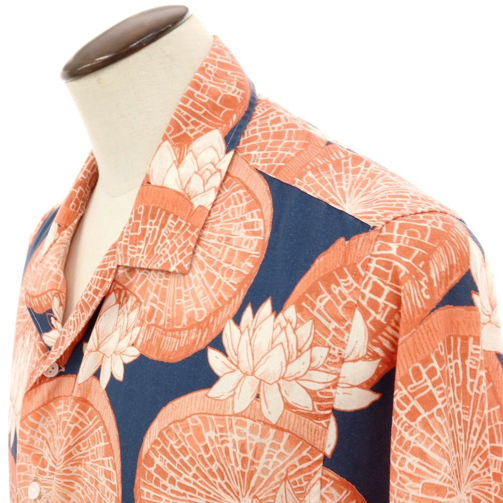 【中古】ファーアフィールド FAR AFIELD セルロース 総柄 プリント オープンカラー 半袖シャツ ライトテラコッタ系xネイビー【サイズ4】【 状態ランクB 】【 メンズ 】