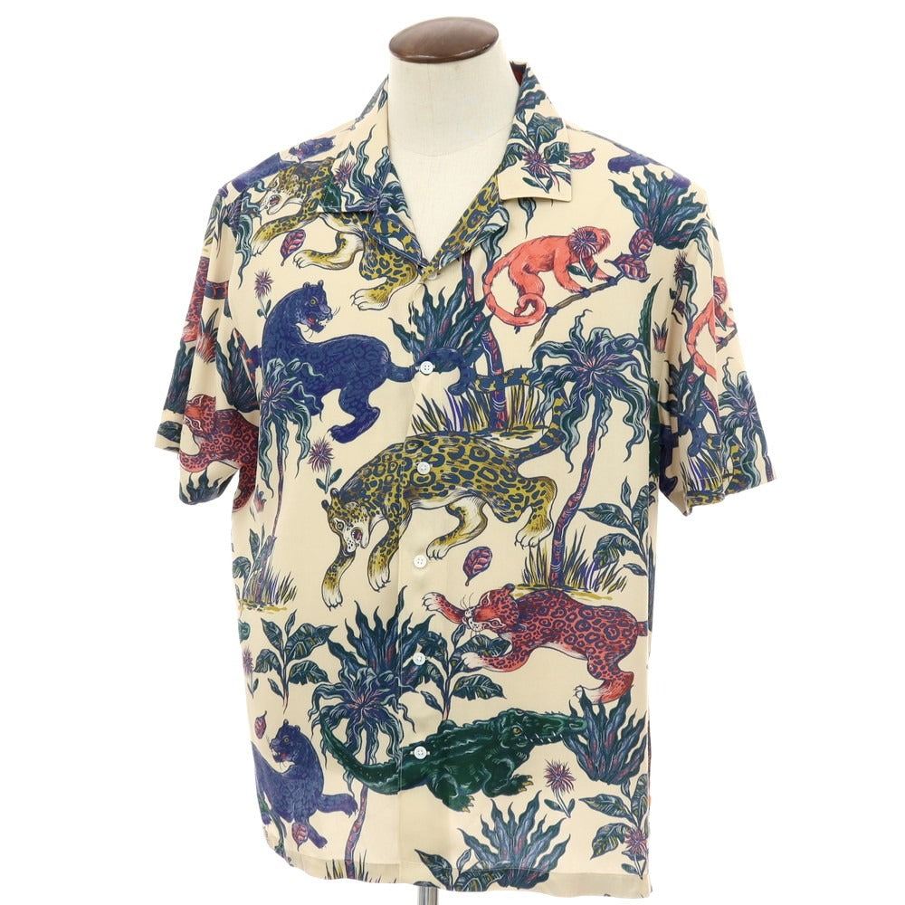【中古】ファーアフィールド FAR AFIELD セルロース アニマル柄 プリント オープンカラー 半袖シャツ ベージュxネイビー【サイズ4】【 状態ランクB 】【 メンズ 】