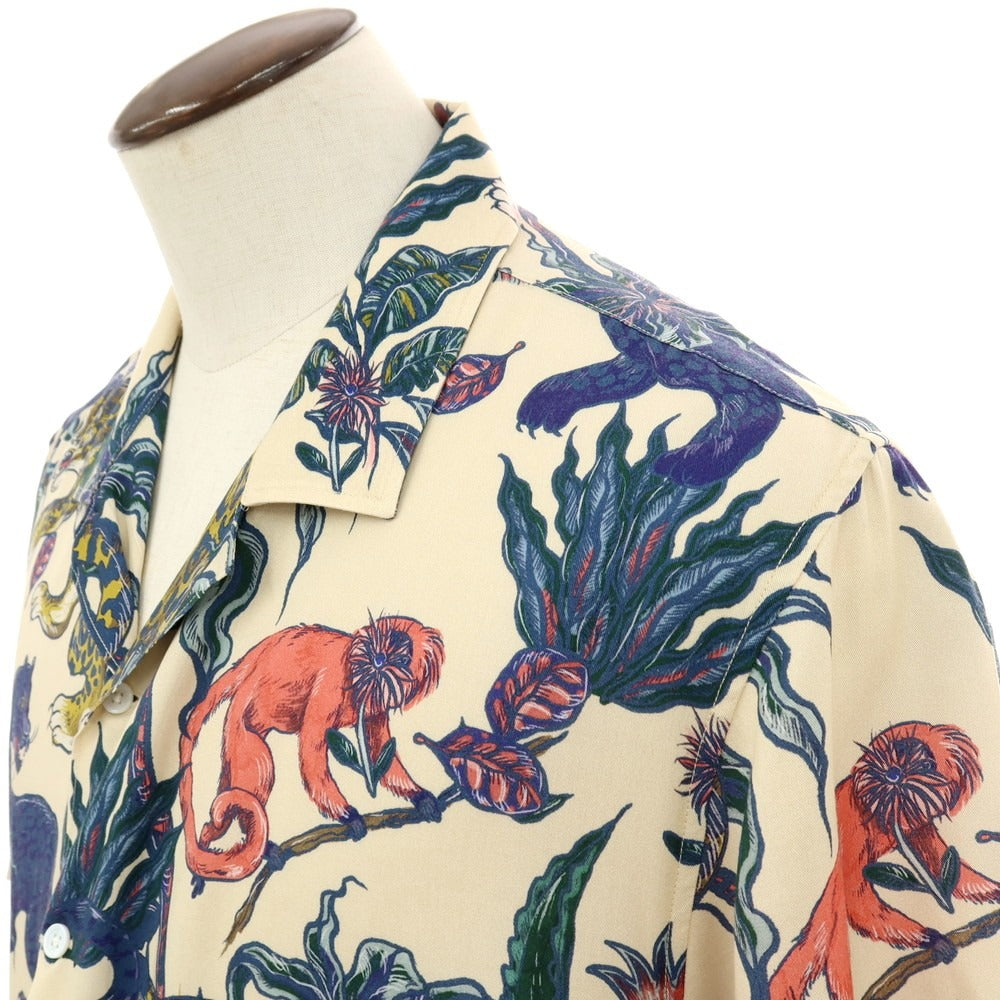 【中古】ファーアフィールド FAR AFIELD セルロース アニマル柄 プリント オープンカラー 半袖シャツ ベージュxネイビー【サイズ4】【 状態ランクB 】【 メンズ 】