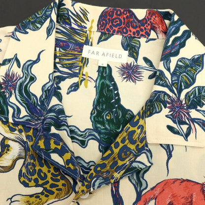 【中古】ファーアフィールド FAR AFIELD セルロース アニマル柄 プリント オープンカラー 半袖シャツ ベージュxネイビー【サイズ4】【 状態ランクB 】【 メンズ 】