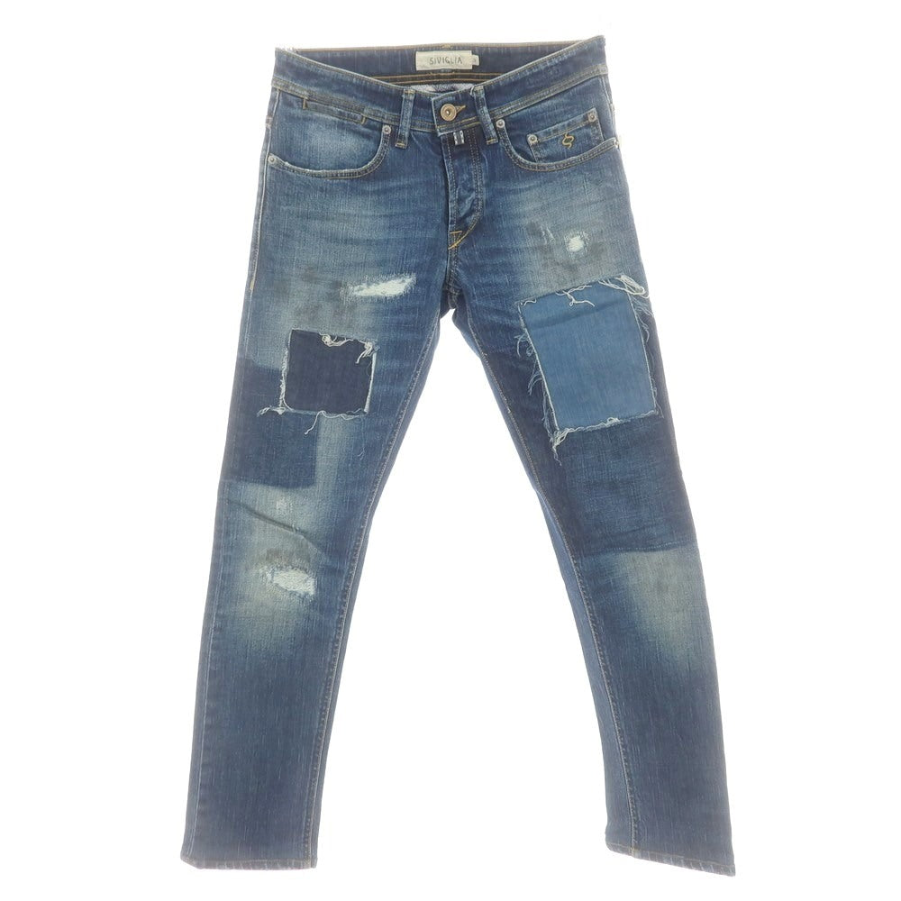 【中古】シビリア SIVIGLIA ダメージ＆リペア加工 ストレッチ コットン ジーンズ デニムパンツ ネイビー【サイズ29】【 状態ランクB 】【 メンズ 】 [CPD]