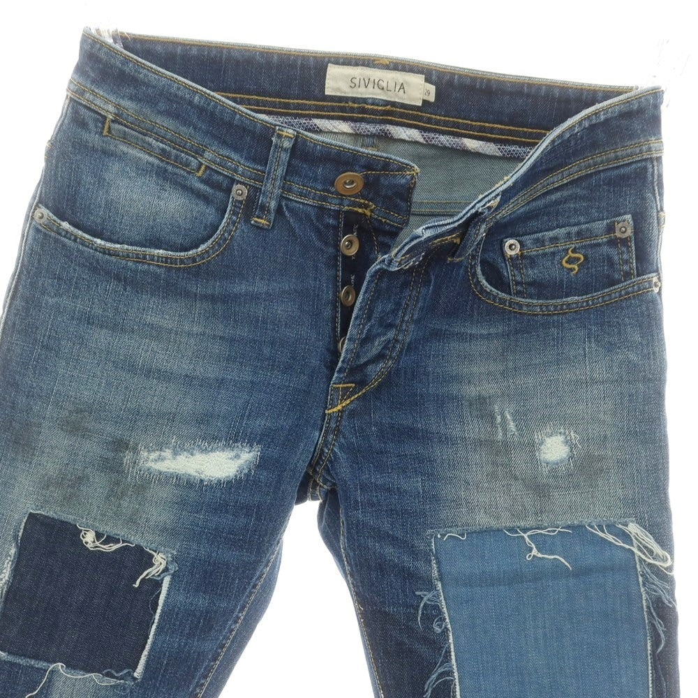 【中古】シビリア SIVIGLIA ダメージ＆リペア加工 ストレッチ コットン ジーンズ デニムパンツ ネイビー【サイズ29】【 状態ランクB 】【 メンズ 】 [CPD]