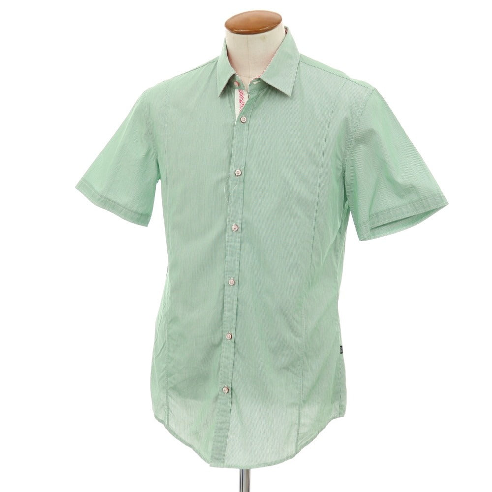 【中古】ヒューゴボス HUGO BOSS コットン ストライプ レギュラーカラー 半袖シャツ グリーンxホワイト【サイズM】【 状態ランクB 】【 メンズ 】