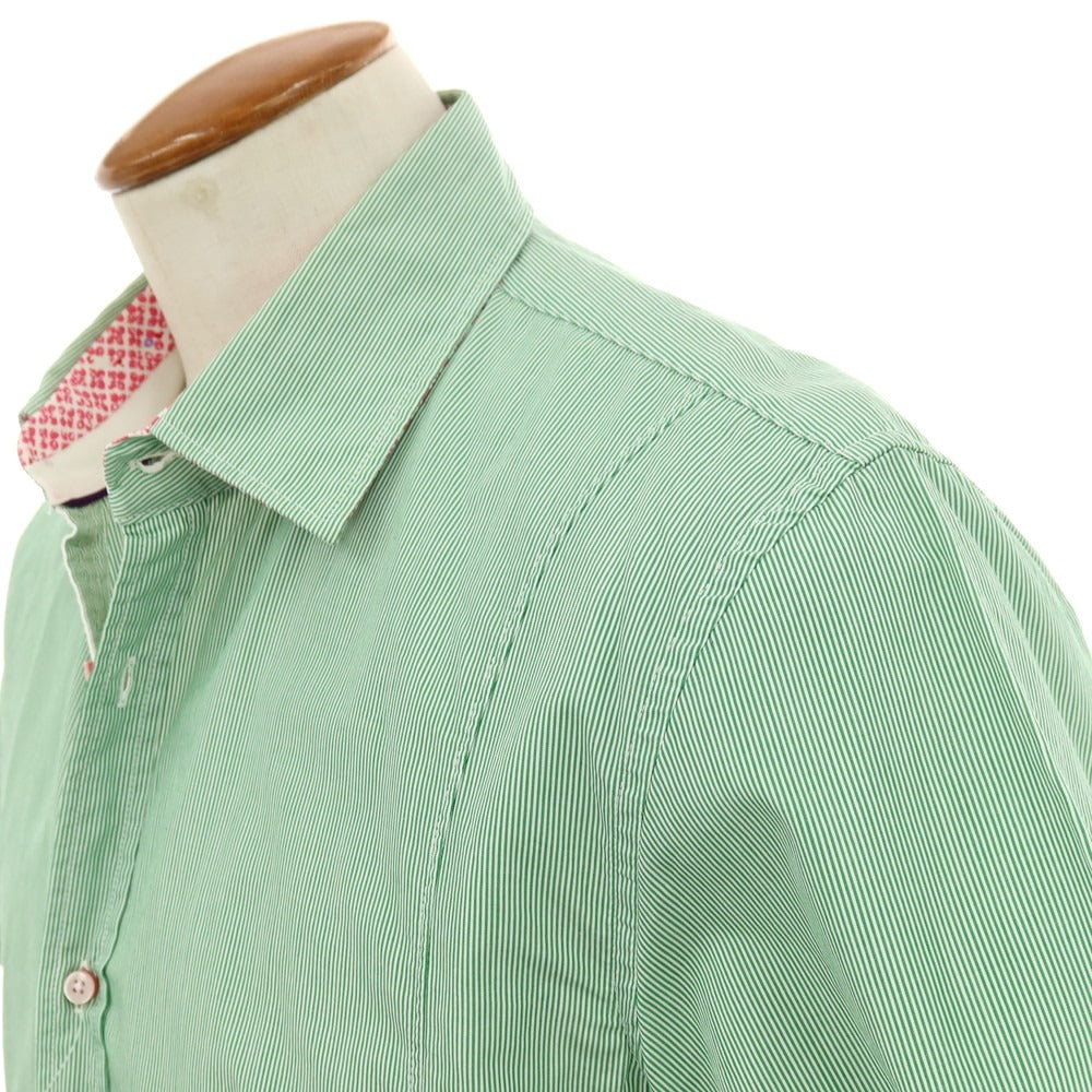 【中古】ヒューゴボス HUGO BOSS コットン ストライプ レギュラーカラー 半袖シャツ グリーンxホワイト【サイズM】【 状態ランクB 】【 メンズ 】