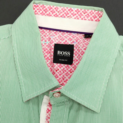 【中古】ヒューゴボス HUGO BOSS コットン ストライプ レギュラーカラー 半袖シャツ グリーンxホワイト【サイズM】【 状態ランクB 】【 メンズ 】
