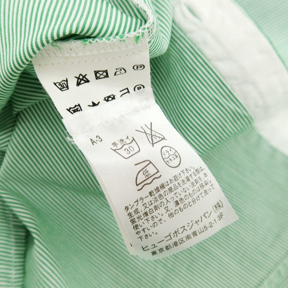 【中古】ヒューゴボス HUGO BOSS コットン ストライプ レギュラーカラー 半袖シャツ グリーンxホワイト【サイズM】【 状態ランクB 】【 メンズ 】