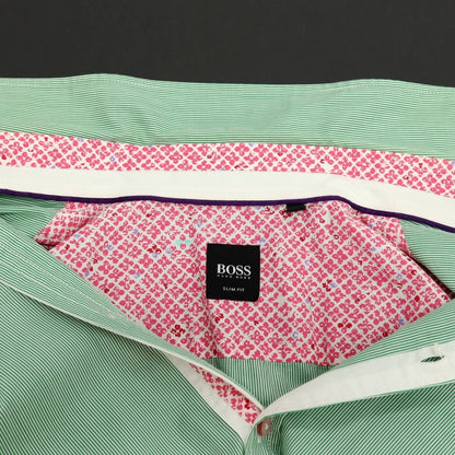 【中古】ヒューゴボス HUGO BOSS コットン ストライプ レギュラーカラー 半袖シャツ グリーンxホワイト【サイズM】【 状態ランクB 】【 メンズ 】