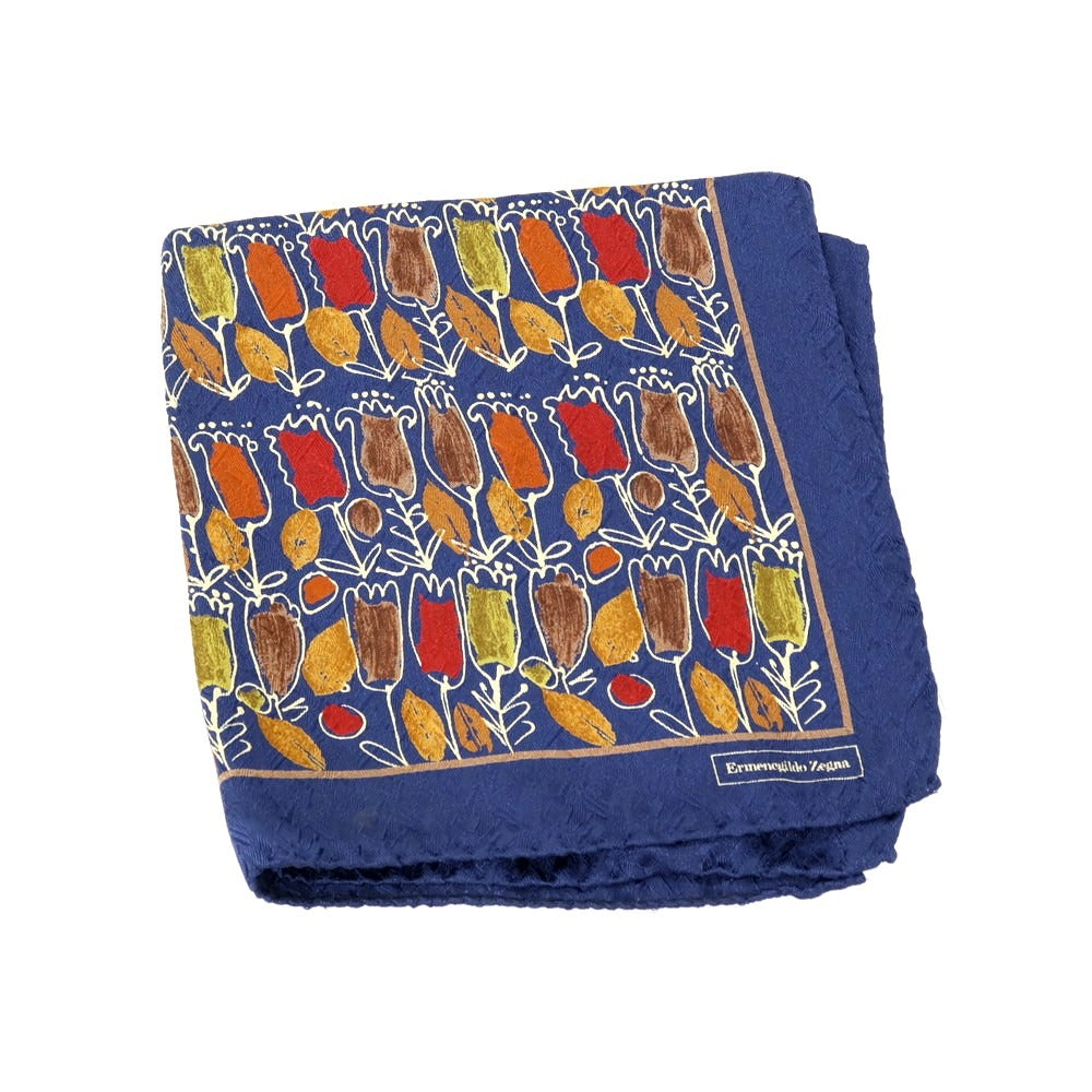 【中古】エルメネジルドゼニア Ermenegildo Zegna シルク プリント ポケットチーフ ネイビーxブラウン系【 状態ランクB 】【 メンズ 】