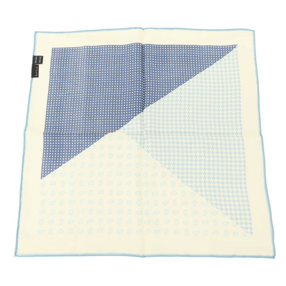 【中古】ポールスミス Paul Smith シルク プリント ポケットチーフ オフホワイトxライトブルー【 状態ランクB 】【 メンズ 】 [CPD]