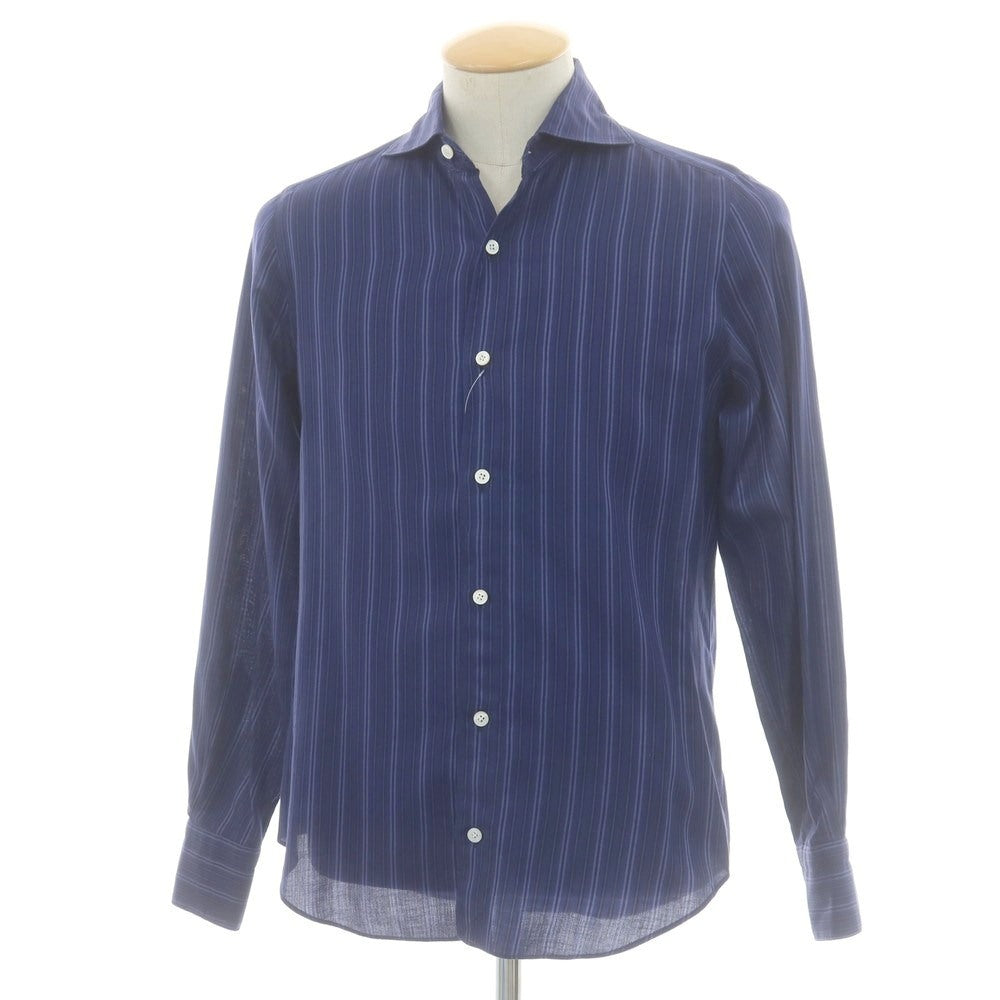 【中古】フィナモレ Finamore コットン ストライプ ホリゾンタルカラー カジュアルシャツ ネイビー【 38 】【 状態ランクB 】【 メンズ 】