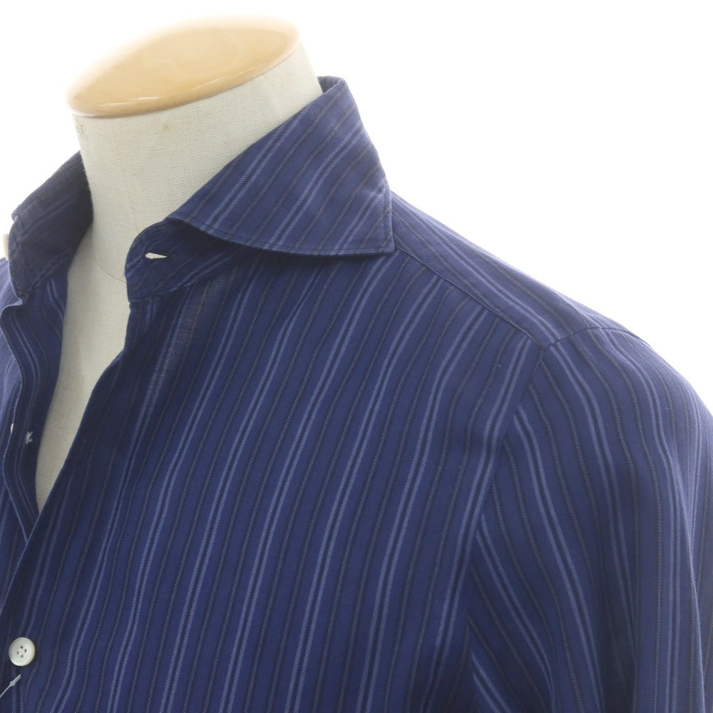 【中古】フィナモレ Finamore コットン ストライプ ホリゾンタルカラー カジュアルシャツ ネイビー【 38 】【 状態ランクB 】【 メンズ 】