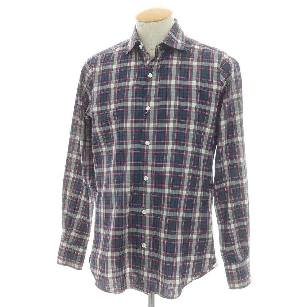 【中古】フィナモレ Finamore コットン チェック セミワイドカラー カジュアルシャツ ダークグリーンxパープルピンク【 38 】【 状態ランクB 】【 メンズ 】