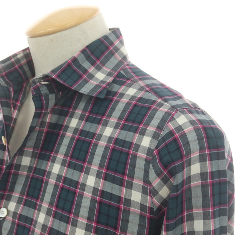 【中古】フィナモレ Finamore コットン チェック セミワイドカラー カジュアルシャツ ダークグリーンxパープルピンク【 38 】【 状態ランクB 】【 メンズ 】