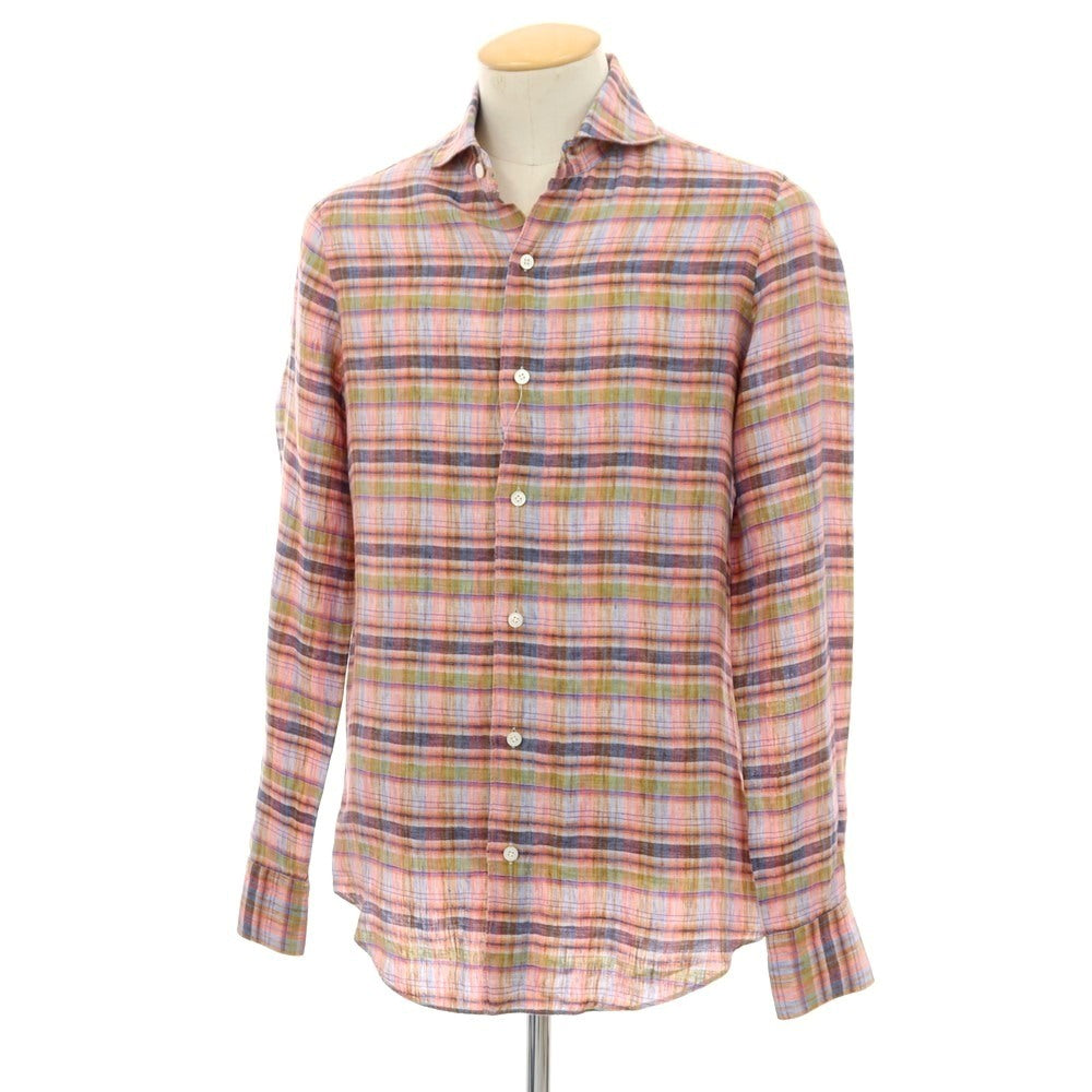 【中古】フィナモレ Finamore リネン チェック ホリゾンタルカラー カジュアルシャツ コーラルピンクxネイビー【サイズ38】【 状態ランクB 】【 メンズ 】
