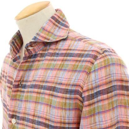 【中古】フィナモレ Finamore リネン チェック ホリゾンタルカラー カジュアルシャツ コーラルピンクxネイビー【サイズ38】【 状態ランクB 】【 メンズ 】