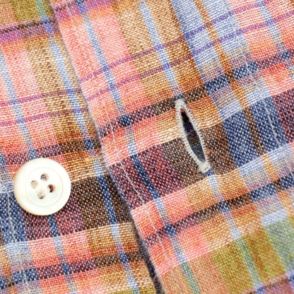 【中古】フィナモレ Finamore リネン チェック ホリゾンタルカラー カジュアルシャツ コーラルピンクxネイビー【サイズ38】【 状態ランクB 】【 メンズ 】